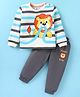 Mini Donuts Cotton Knit Full Sleeves T-Shirt & Lounge Pants Set With Lion Print -Off white & Grey
