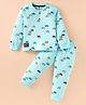 Mini Donuts Cotton Knit Full Sleeves Car Printed Henley Neck T-Shirt & Joggers Set - Light Blue