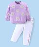 Babyhug Cotton Knit Premium Light Gauge Terry Full Sleeves Floral Sequins Printed Top & Lounge Pants Set - Lavender & White
