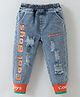 Kookie Kids Full Length Washed Denim Distressed  Jeans With Text Print - Blue & Red