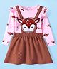 Babyhug Single Jersey Knit Frock & Full Sleeves Frill Detailing Inner Tee Deer Print & Applique- Pink & Brown