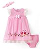 Babyhug Cotton Woven Frill Sleeves Floral Embroidered & Lace Detailing Frock With Bloomer & Headband - Pink