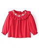 Babyhug Rayon Knit Full Sleeves Top With Floral Embroidery & Frill Detailing - Red