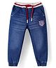 Babyhug Denim Full Length Washed Joggers with Stretch Text Embroidered - Royal Blue