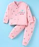 Mini Donuts Cotton Knit Full Sleeves Front Open Night Suit With Animals Print - Light Pink