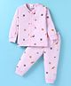 Mini Donuts Cotton Knit Full Sleeves Front Open Night Suit With Animals Print - Light Pink