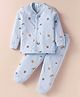 Mini Donuts Cotton Knit Full Sleeves Front Open Night Suit With Animals Print - Light Blue