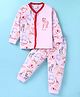 Mini Donuts Cotton Knit Full Sleeves Front Open Night Suit With Animals Print - Light Pink