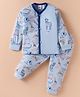 Mini Donuts Cotton Knit Full Sleeves Front Open Night Suit With Animals Print - Light Blue