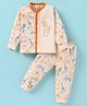 Mini Donuts Cotton Knit Full Sleeves Front Open Night Suit With Animals Print - Light Peach