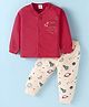 Mini Donuts Cotton Knit Full Sleeves Front Open Night Suit With Space Theme Print - Red