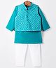 Exclusive from Jaipur Cotton Woven Full Sleeves Solid Color Kurta Pyjama Set with Bandhani Jacket - Teal Blue
