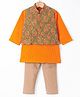 Exclusive from Jaipur Cotton Woven Full Sleeves Solid Colour Kurta Pyjama Set with Floral Printed Nehru  Jacket - Orange & Beige