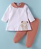 ToffyHouse Interlock Knit Full Sleeves Top & Footed Bottom Set With Polka Dot Print & Teddy Bear Patch - White & Brown