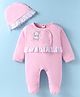 ToffyHouse Interlock Knit Full Sleeves Footed Romper With Animal Embroidery & Cap - Pink