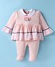 ToffyHouse Interlock Knit Full Sleeves Romper With Floral Print & Lace Detailing - Peach