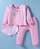 ToffyHouse Interlock Knit Full Sleeves Top & Lounge Pant Set With Floral Patch & Bib - Pink