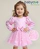 Babyoye Woven Full Peasant Sleeves Sequined Embroidered Party Frock with Floral & Bow Applique - Baby Pink