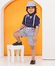 AJ Dezines Half Sleeves Solid Shirt With Checked Coordinating Shorts Suspenders Cap & Bow Set - Grey