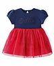 Babyhug Knitted Half Puff Sleeves Frock with Text Embroidery & Glitter Detailing - Blue & Red