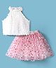 Lil' Drama Halter Neck Fur Detailed Top With Polka Dots Shimmer Embellished Skirt Set - White & Pink