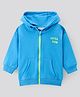 Bonfino 100% Cotton French Terry Knit Full Sleeves Front Open Drop Shoulder Hooded Sweatjacket with Text Print - Sky Blue