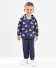 Bonfino 100% Cotton French Terry Knit Full Sleeves Front Open Hooded Sweatjacket with Vehicles Print - Blue