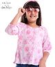 Arias Knit Three Fourth Raglan Sleeves Pleated Top With Floral Print- Pink