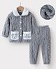 Kookie Kids Full Sleeves Front Open Winter Wear Night Suit With Pocket Teddy & Text Embroidery - Grey