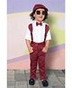 BAD BOYS Full Sleeves Motif Printed Shirt With Striped Pant Suspender Bow & Cap - Maroon
