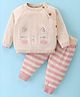 ToffyHouse 100% Knitted Cotton Full Sleeves Kitten Design T-Shirt & Striped Leggings Winter Wear Suit - Baby Pink & Beige