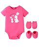 Doodle Poodle Cotton Interlock Knit Half Sleeves Onesie With Mittens & Booties Mama & Baby Bunny Print - Pink & White