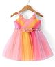 Babyhug Woven Singlet Sleeves Mesh Panelled Party Frock with Pleats & Floral Detailing - Multicolour
