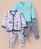 OHMS Single Jersey Knit Full Sleeves Night Suits with Jungle Theme Car & Whale Print Pack of 2 - Light Blue & White