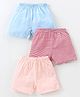 OHMS Single Jersey Knit Above Knee Length Striped & Dino Printed Shorts Pack of 3 - Red Peach & Light Blue