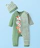 Babyhug Interlock Knit Full Sleeves Striped  Romper with Cap Wild Animal Print  - Green