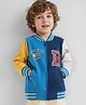 Babyug Cotton Knit Full Sleeves Bomber Jacket With Text Print & Embroidery - Blue