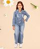 Cutecumber Denim Full Sleeves Mild Washed Floral Embellished Shirt With Coordinating  Pant Set - Blue