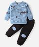 Kookie Kids Terry Knit Full Sleeves Winter Wear Set With Dino Print & Knee Patch Detailing - Light Blue