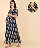 Zelena 100% Cotton Half Sleeves Leaves Printed Zipless Maternity Nighty - Navy Blue
