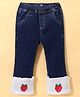 Kookie Kids Cotton Lycra Bell Bottom Denim Jeans With Sherpa & Strawberry Embroidery Detailing - Blue