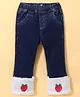 Kookie Kids Cotton Lycra Bell Bottom Denim Jeans With Sherpa & Strawberry Embroidery Detailing - Blue