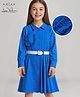 Arias Cotton Twill Full Sleeves Solid Colour Shirt Dress With Braided Belt - Blue