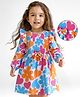 Doodle Poodle Single Jersey Knit Full Sleeves Floral Printed Frock with Bow & Frill Detailing - Pink & Blue