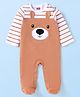 Babyhug Cotton Knit Full Sleeves Striped Sleep Suit With Teddy Bear Print & Ear Applique - Light Brown