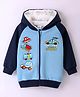 Kookie Kids Fleece Knit Full Raglan Sleeves Front Open Hooded Sweatjacket With Vehicles Print - Blue