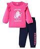 Doodle Poodle Cotton Knit Full Sleeves Top & Lounge Pant Set with Unicorn Print & Frill Detailing - Raspberry Sorbet Pink & Blue
