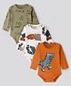 Bonfino 100% Cotton Knit Full Sleeves Onesies with Dino & Car Print Pack of 3  - Olive Green White & Orange