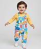 Babyhug Single Jersey Knit Dungaree and Full Sleeves Striped T-Shirt Set Dino Print - Yellow & Blue