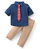 Babyhug Cotton Knit Full Sleeves Solid Colored Shirt With Tie & Trousers Set - Navy & Beige